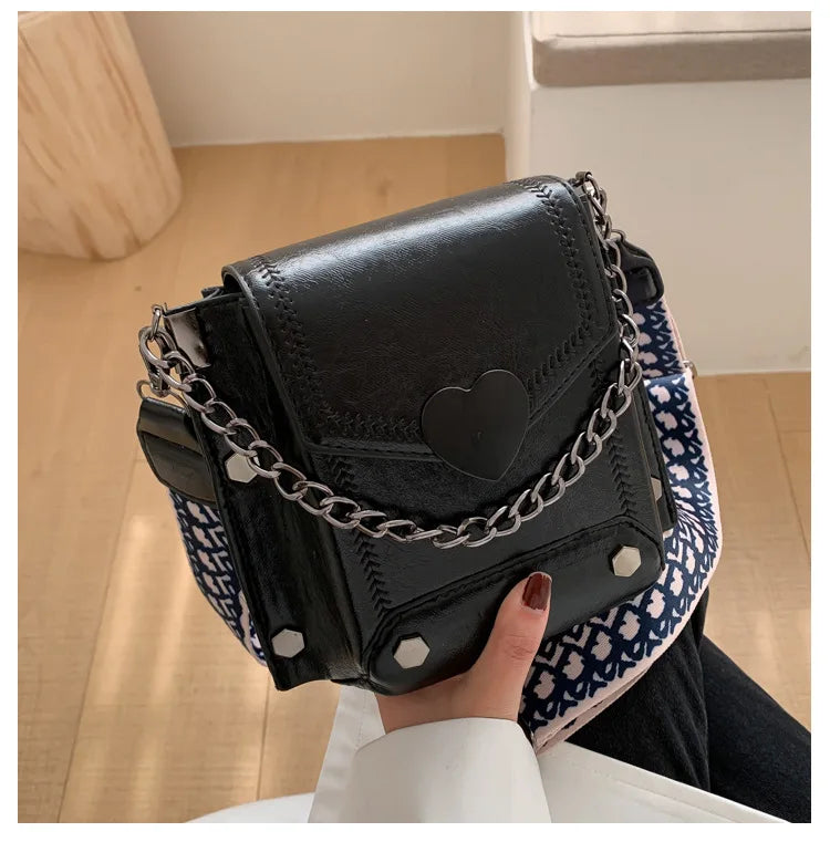 Heart Crossbody Chain Satchel Purse Wide Shoulder Bag for Women