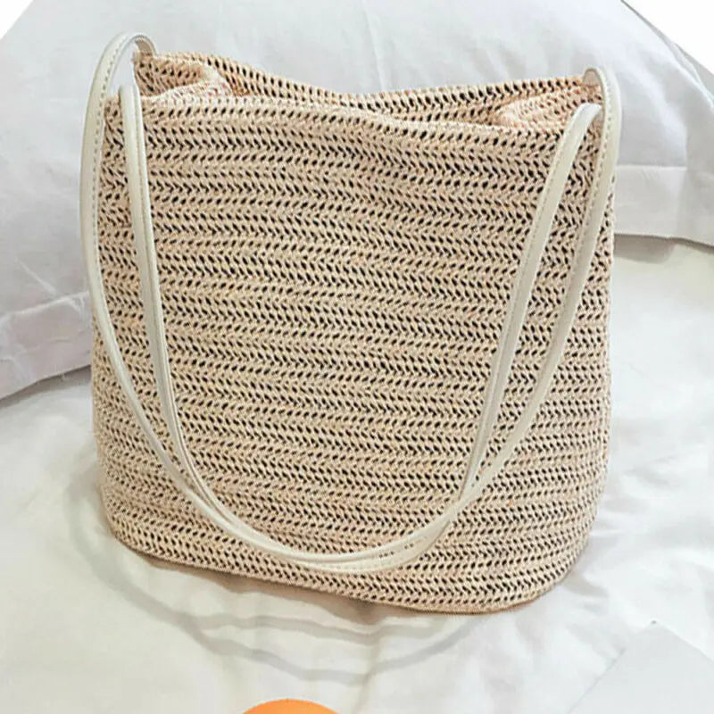 Summer Straw Large Tote Bag Beach Shoulder Handbag Soft Casual