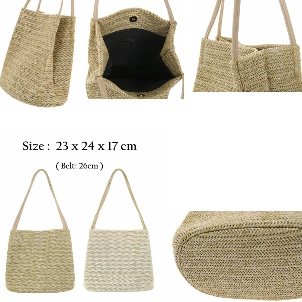 Summer Straw Large Tote Bag Beach Shoulder Handbag Soft Casual
