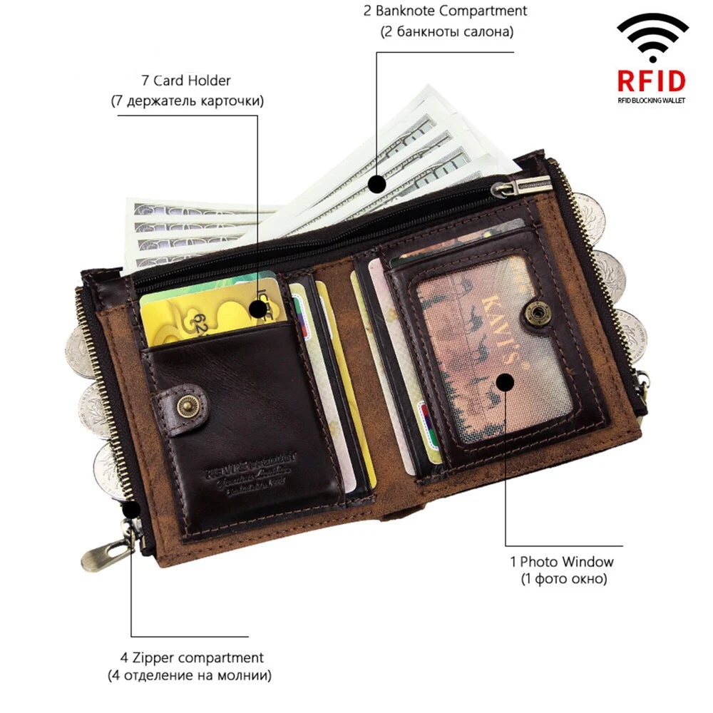 Men's RFID Blocking Leather Wallet Retro Style Multi-function Genuine Leather
