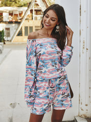 Camouflage Print Off Shoulder Jumpsuit Long Sleeve Women's Clothing