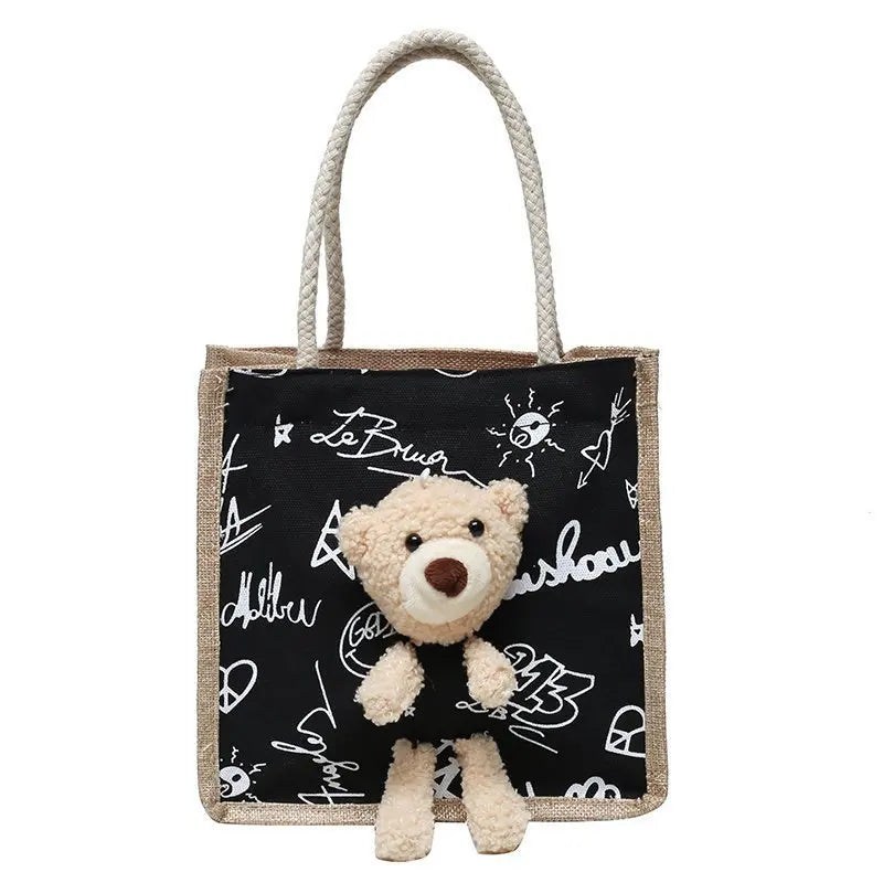 Bear Decoration Cartoon Women Handbags Student Shoulder Bag Canvas Bag