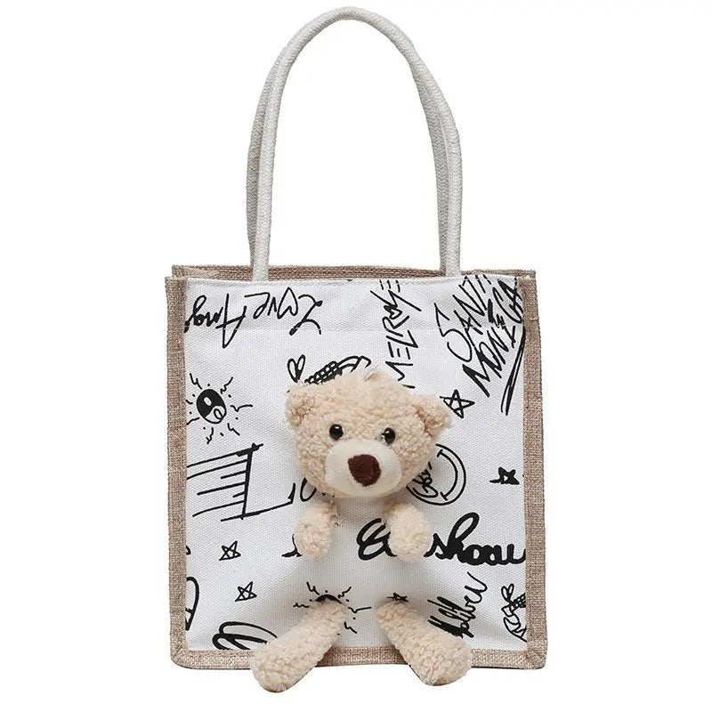 Bear Decoration Cartoon Women Handbags Student Shoulder Bag Canvas Bag