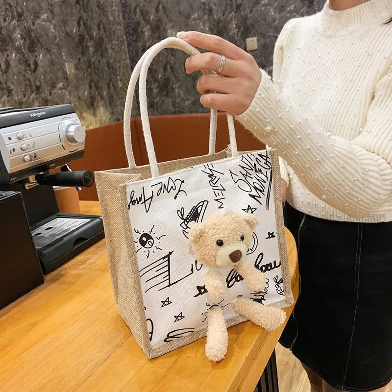 Bear Decoration Cartoon Women Handbags Student Shoulder Bag Canvas Bag