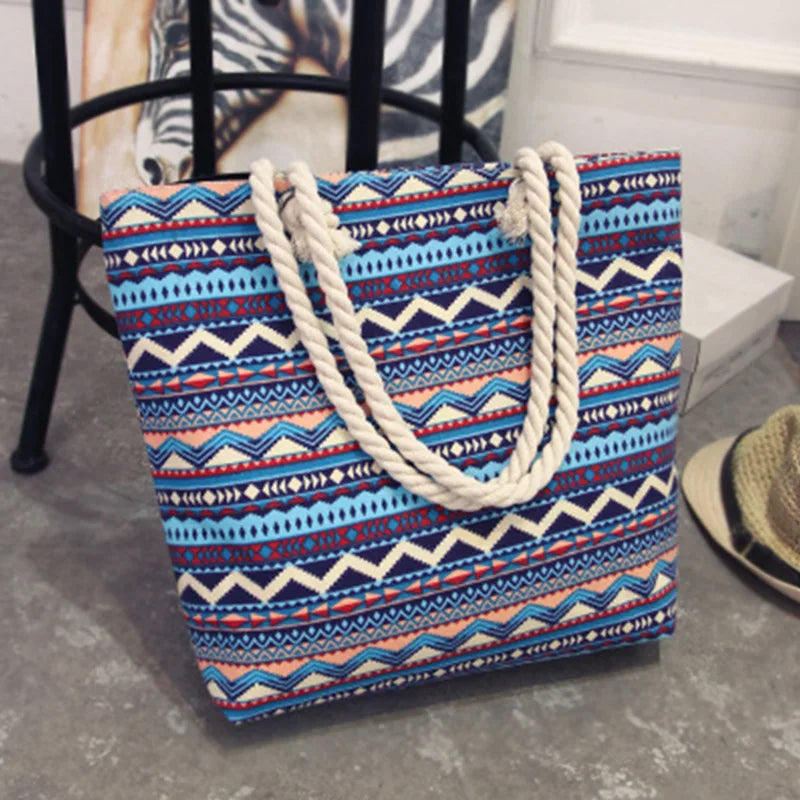 Summer Flower Print Canvas Tote Handbag