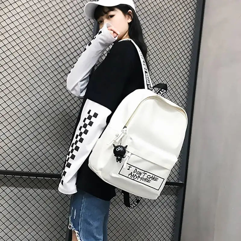 Canvas Backpack Harajuku Style Women Backpack Doll Pendant Shoulder Bag