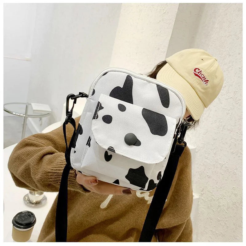 Cow Print Small Square Bag Canvas Crossbody Bag For Women