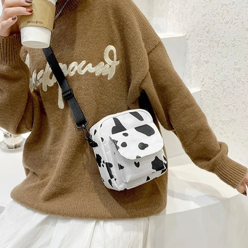 Cow Print Small Square Bag Canvas Crossbody Bag For Women