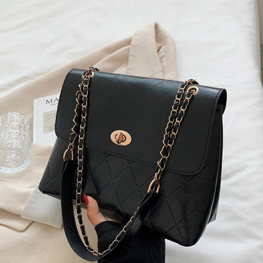 Diamond Lattice High Capacity Women Shoulder Bag Chain PU Leather