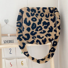 Leopard Print Crossbody Bag Plush Winter Shoulder Handbag Soft Messenger Purse