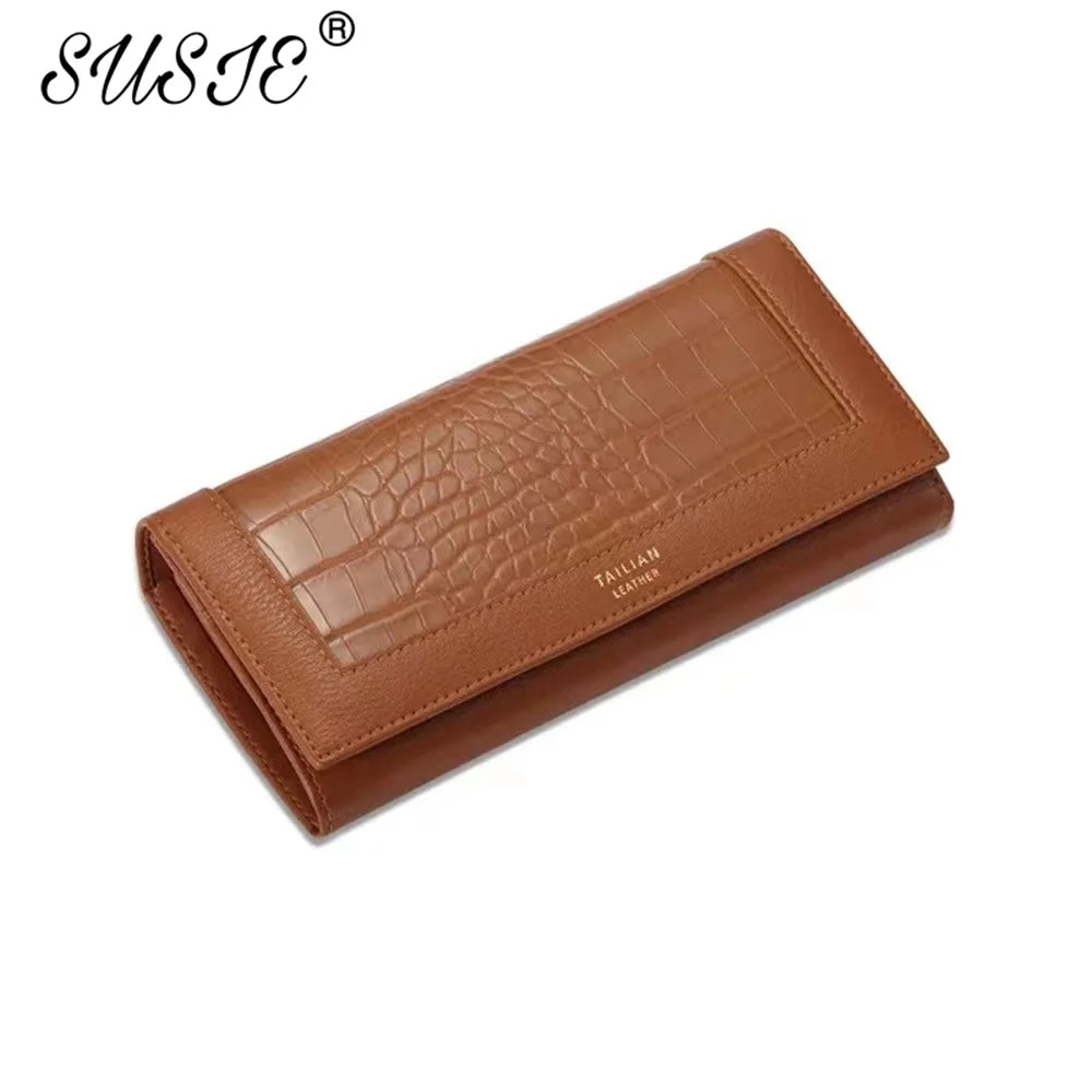 Crocodile Grain Long Ladies Purse High Leather Wallet