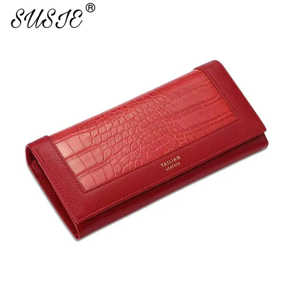 Crocodile Grain Long Ladies Purse High Leather Wallet