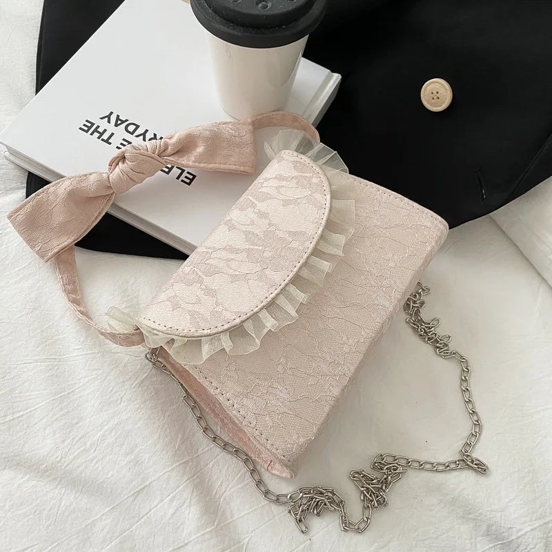 Pink Lace Tote Vintage Women Bag High Lady Handbag Chain Shoulder