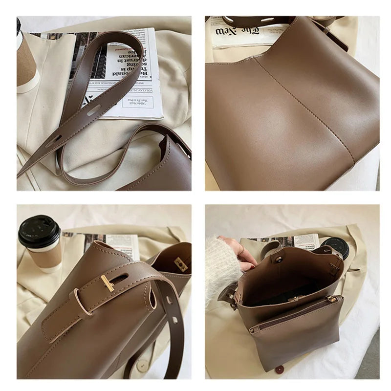 Vintage Messenger Bucket Bags for Women, Casual Solid Composite Bags
