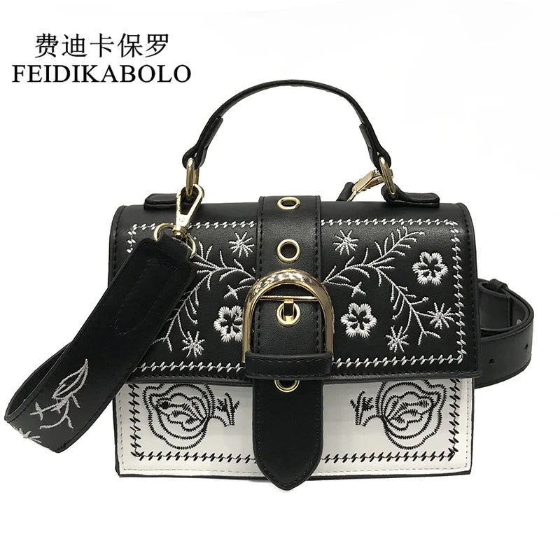 Vintage Flower Girls Bags PU Leather Women Messenger Bags