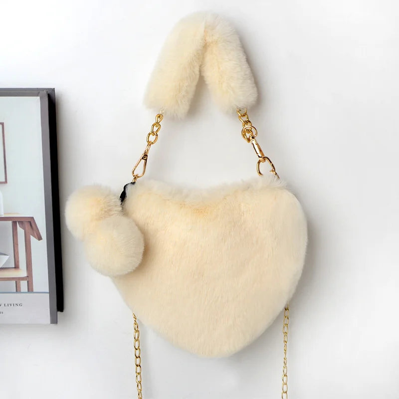 Heart Shaped Faux Fur Crossbody Bag for Women
