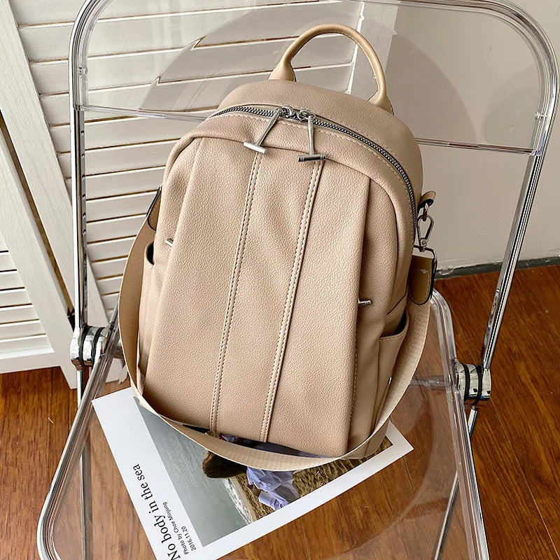 Women Leather Backpack Vintage Style Solid Bagpack Girls Preppy