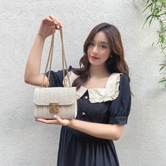 Female Straw Woven Shoulder Bag Chain Handbag Summer Crossbody Satchel Bags