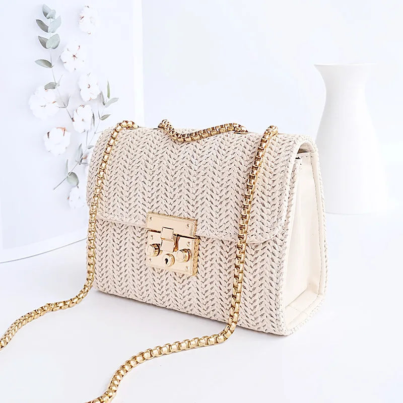Female Straw Woven Shoulder Bag Chain Handbag Summer Crossbody Satchel Bags