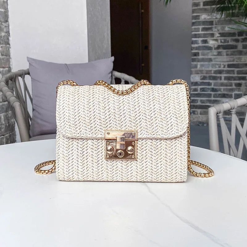 Female Straw Woven Shoulder Bag Chain Handbag Summer Crossbody Satchel Bags