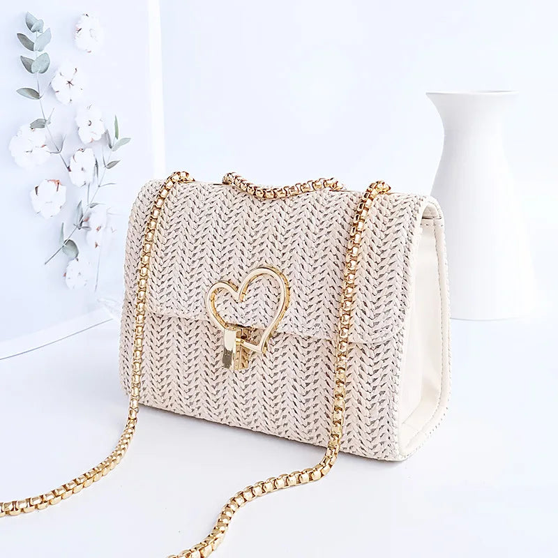 Female Straw Woven Shoulder Bag Chain Handbag Summer Crossbody Satchel Bags
