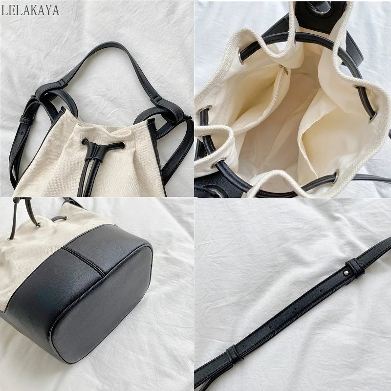 Canvas Stitching Bucket Bag Casual Shoulder Bag