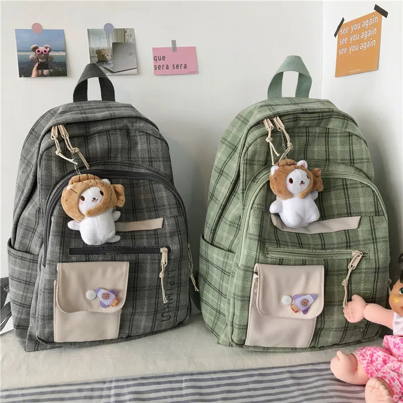Plaid Schoolbag College Laptop Backpack Multi-pocket Women Backpack