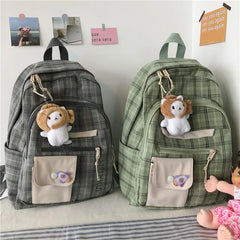 Plaid Schoolbag College Laptop Backpack Multi-pocket Women Backpack