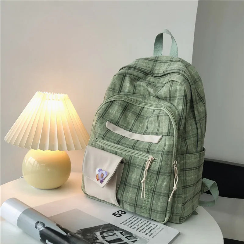 Plaid Schoolbag College Laptop Backpack Multi-pocket Women Backpack