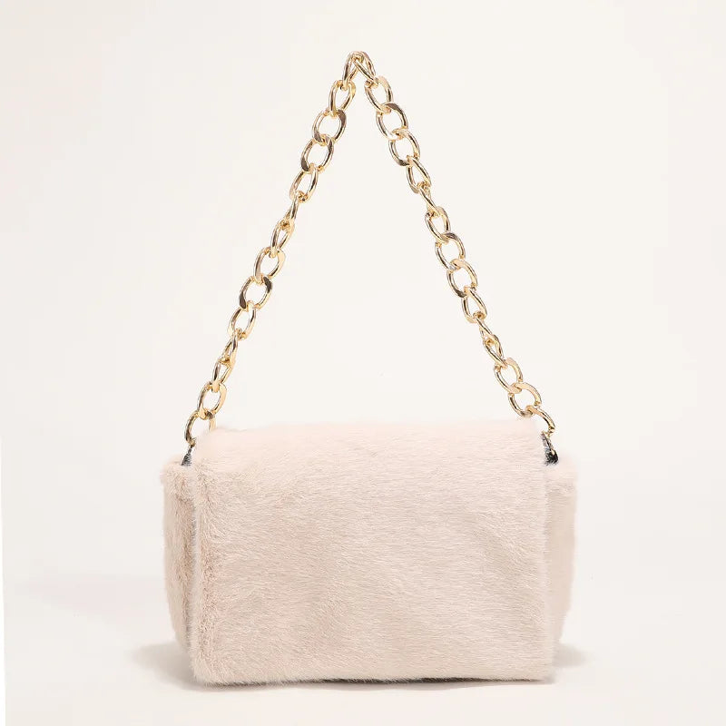 Leopard Print Thick Chain Shoulder Bag Plush Handbag Small Square Bag