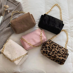 Leopard Print Thick Chain Shoulder Bag Plush Handbag Small Square Bag