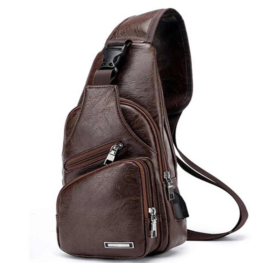 Men's USB Charging Chest Bag PU PVC Shoulder Cross Body Messenger Travel Bag