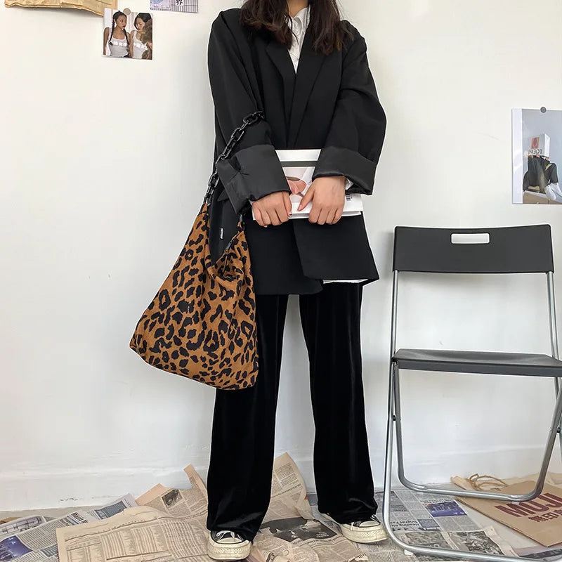 Corduroy Leopard Pattern Handbag with Thick Chain - Warm Crossbody Bag