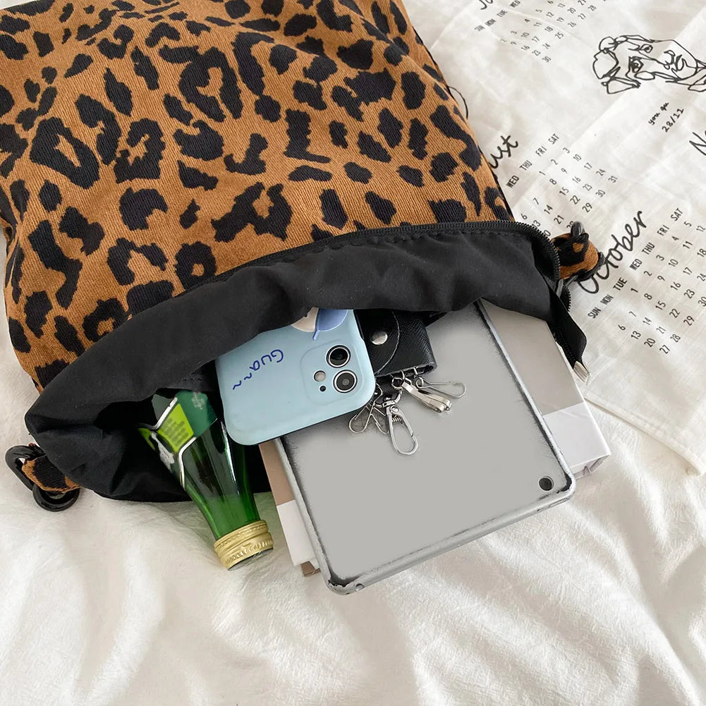 Corduroy Leopard Pattern Shoulder Bag with Thick Chain for Women
