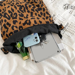 Corduroy Leopard Pattern Shoulder Bag with Thick Chain for Women