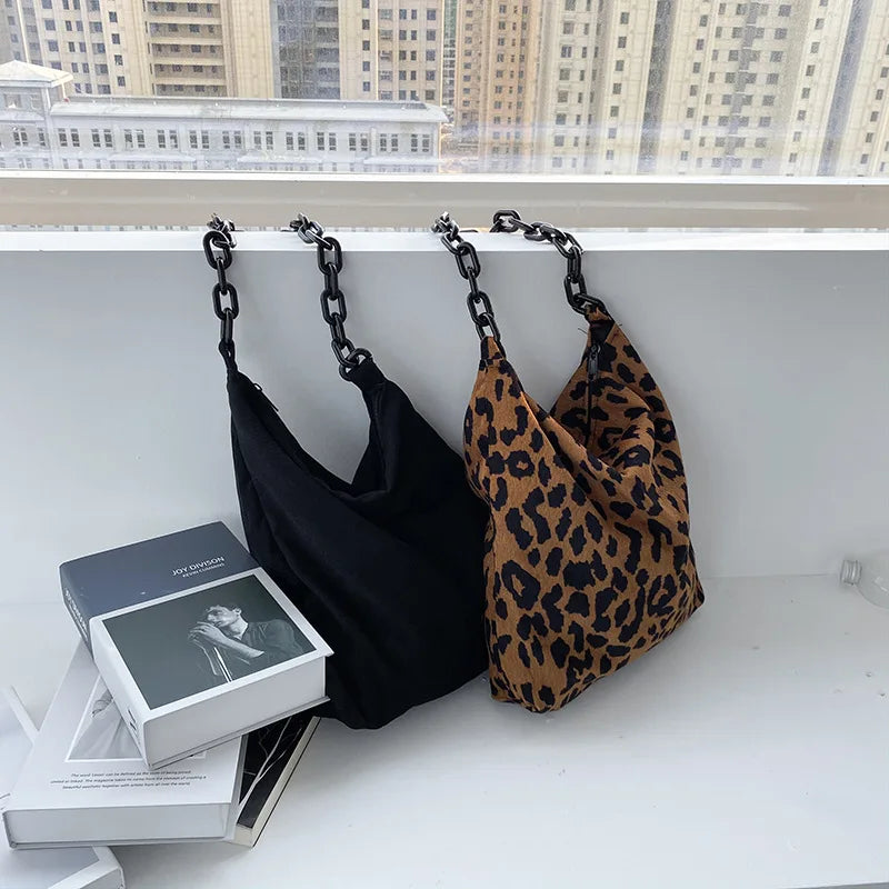 Corduroy Leopard Pattern Handbag with Thick Chain - Warm Crossbody Bag
