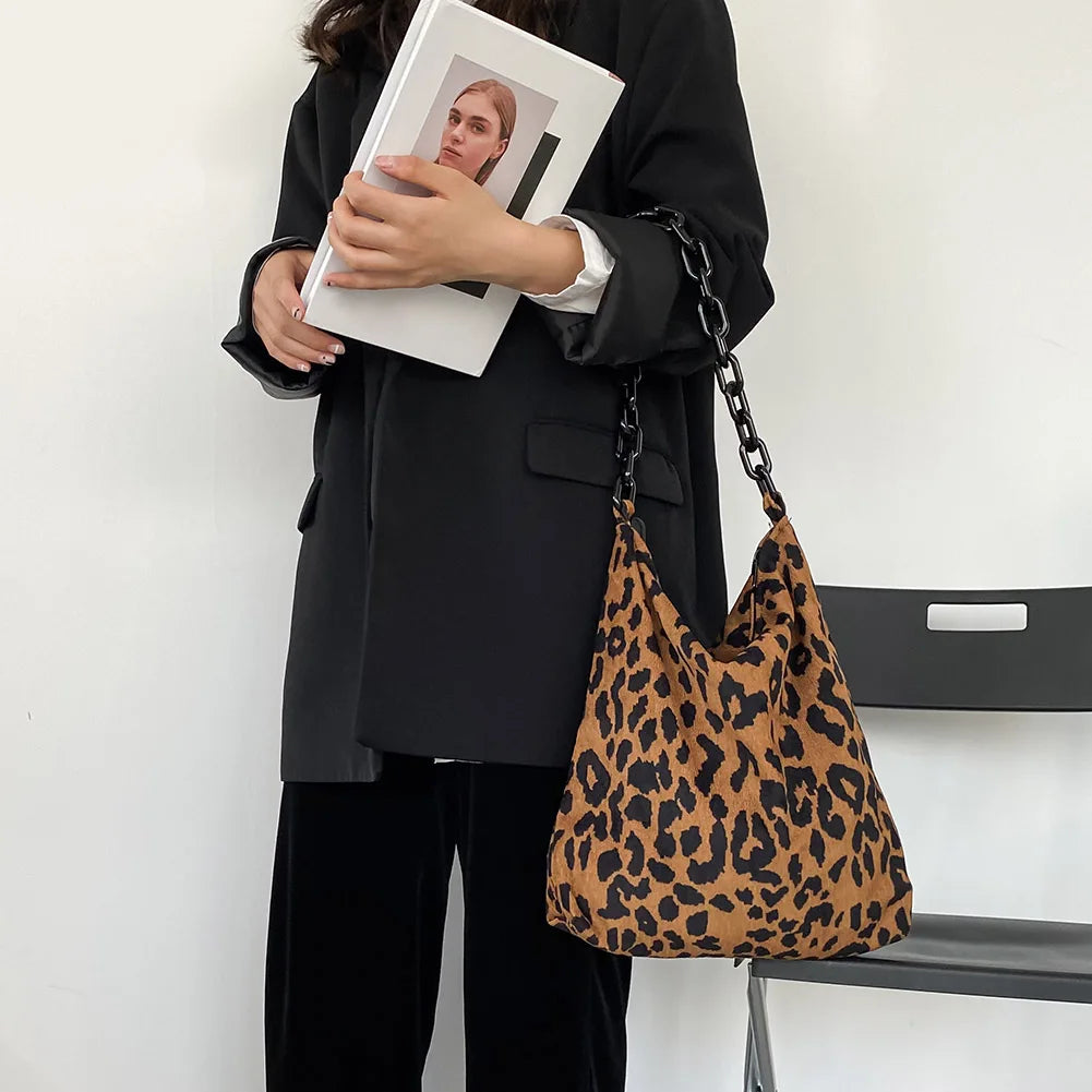 Corduroy Leopard Pattern Shoulder Bag with Thick Chain for Women