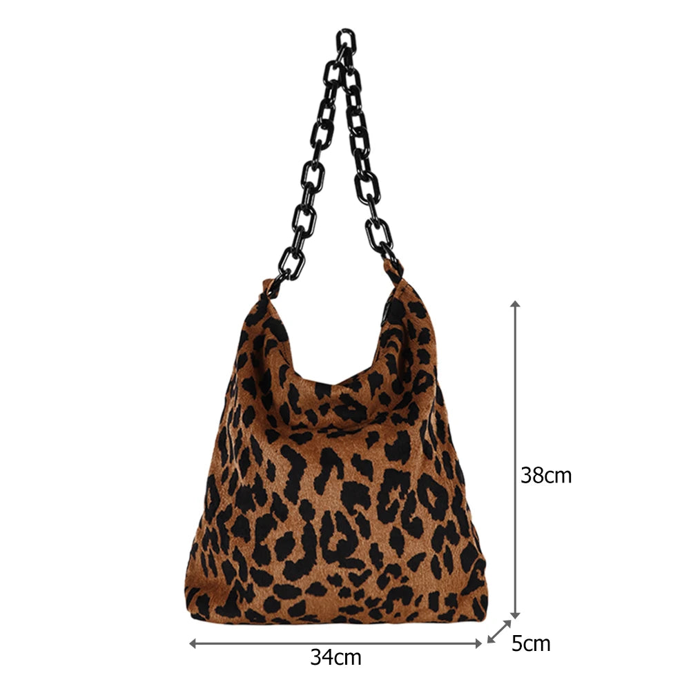 Corduroy Leopard Pattern Shoulder Bag with Thick Chain for Women