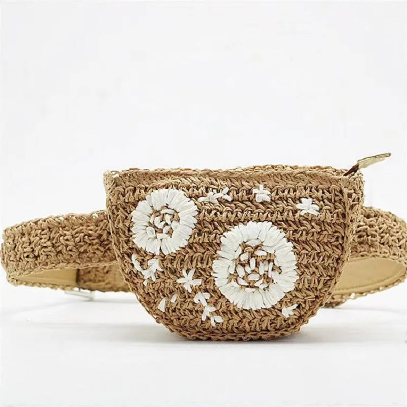 Straw Flower Waist Pack Zipper Chest Bag Ladies Travel Mobile Phone Purse