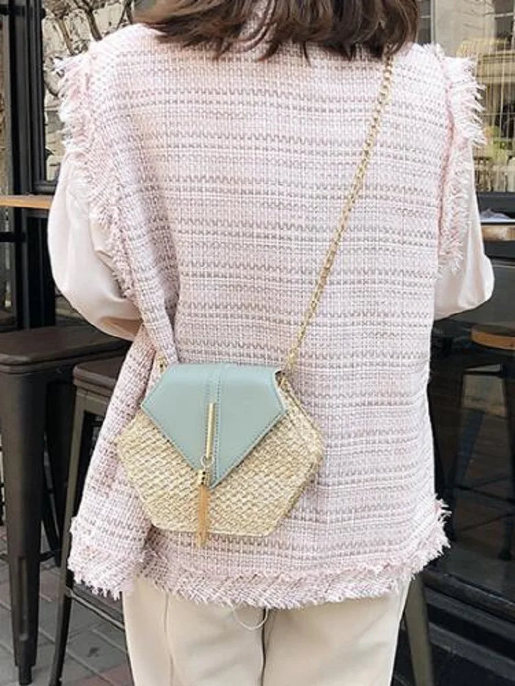 Chain Messenger Bags Women Summer Rattan Woven Beach Boho Bags Crossbody