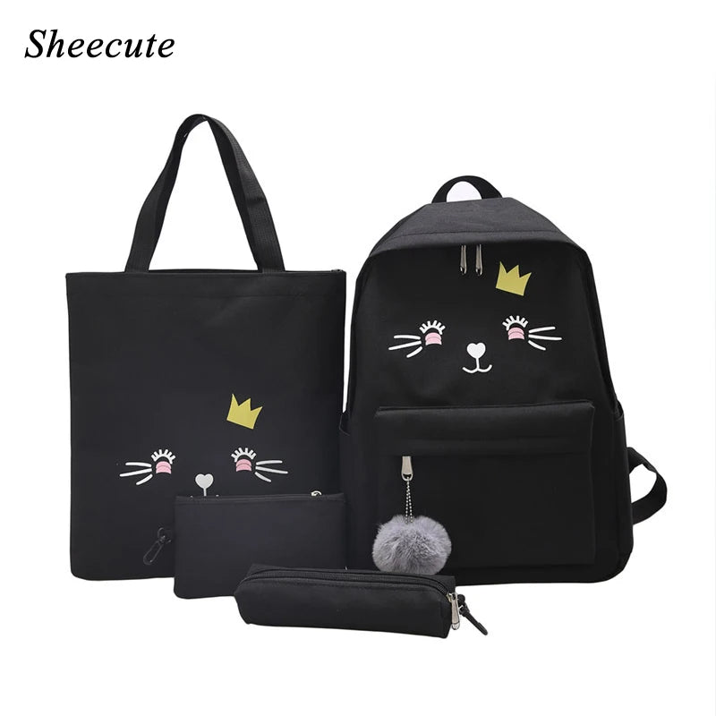 Canvas School Backpack Set with Cat Print for Girls