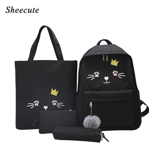 Canvas School Backpack Set with Cat Print for Girls