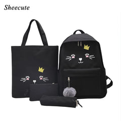 Canvas School Backpack Set with Cat Print for Girls