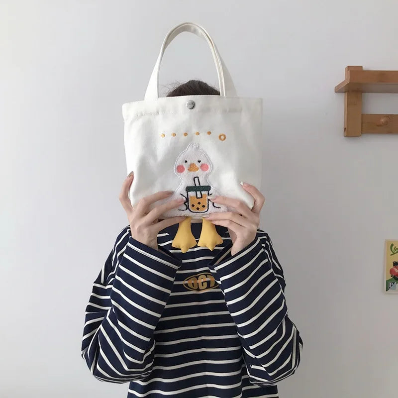 Canvas Shopper Bag Female with Cartoon Duck Embroidery