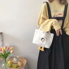 Canvas Shopper Bag Female with Cartoon Duck Embroidery