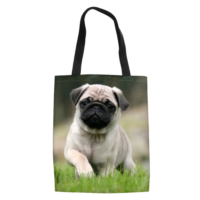 Pug Print Foldable Shopping Bag Shoulder Shopper Canvas Tote