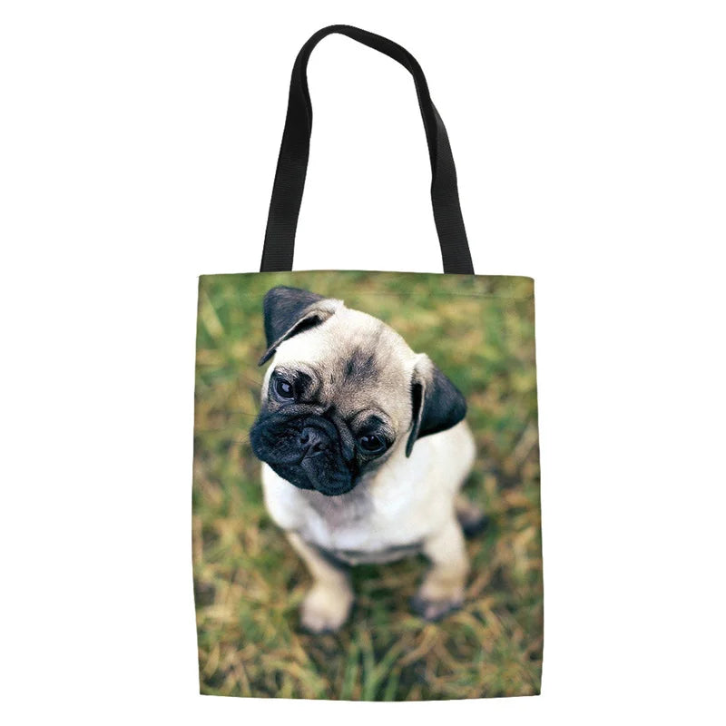 Pug Print Foldable Shopping Bag Shoulder Shopper Canvas Tote