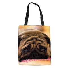 Pug Print Foldable Shopping Bag Shoulder Shopper Canvas Tote
