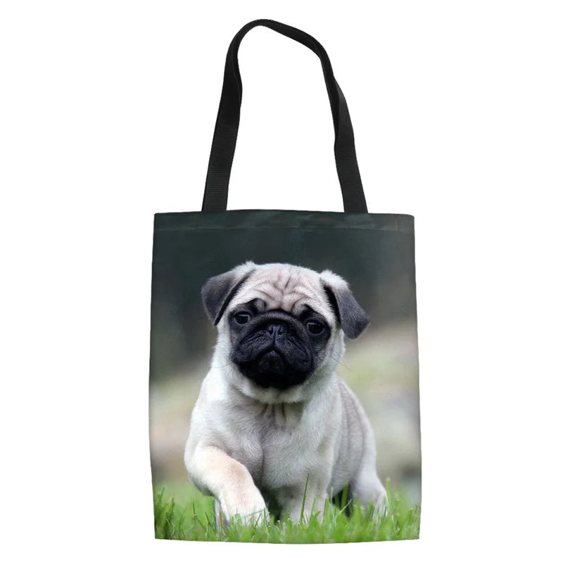 Pug Print Foldable Shopping Bag Shoulder Shopper Canvas Tote