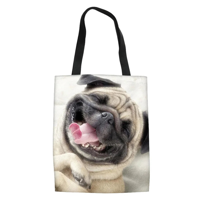 Pug Print Foldable Shopping Bag Shoulder Shopper Canvas Tote
